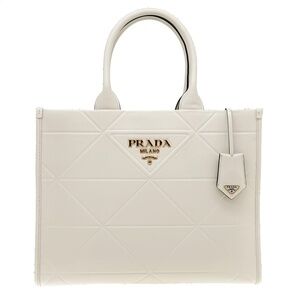 Prada Symbole Medium Tote With Topstitching White Leather 1BA378 New